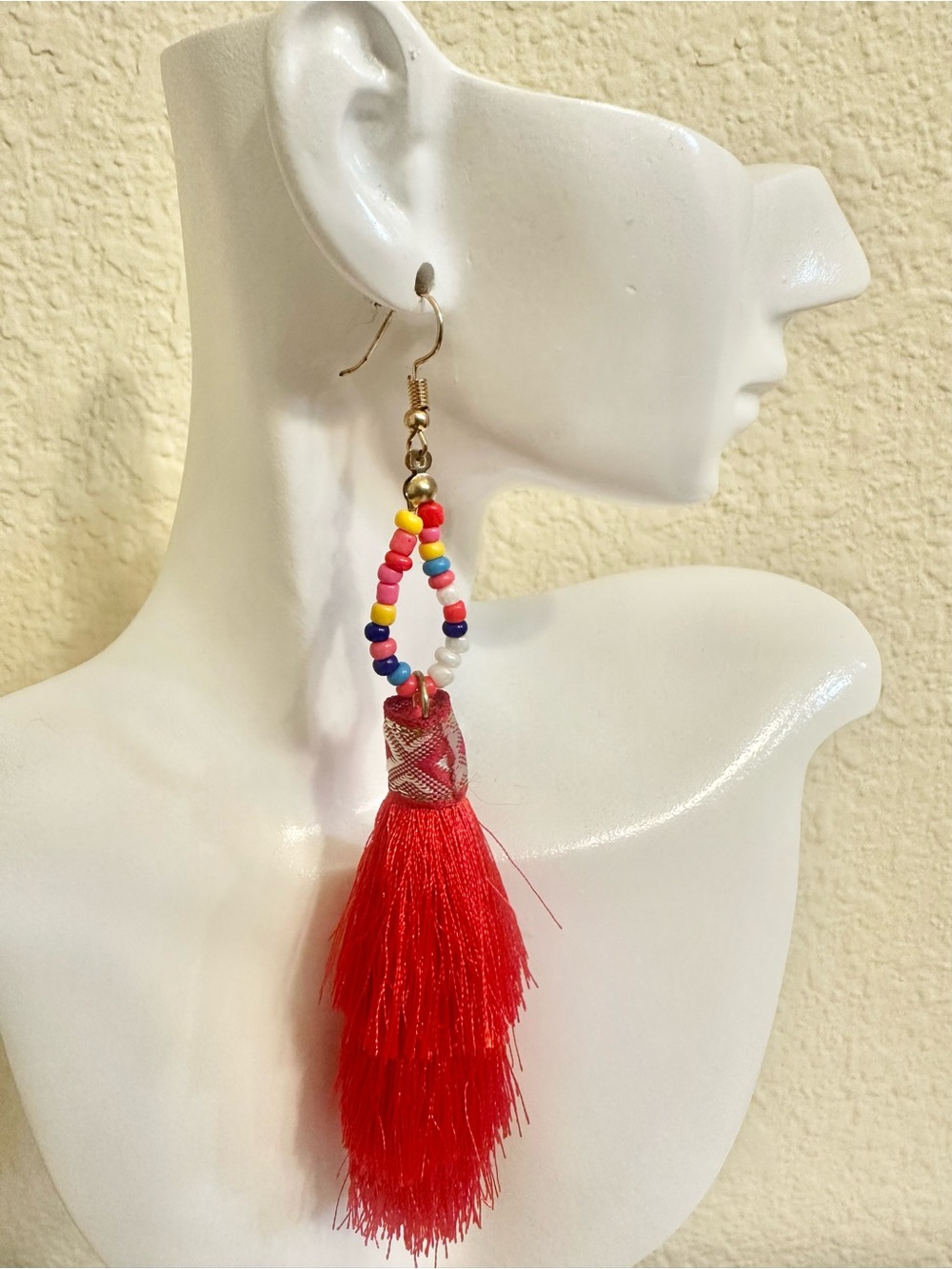4-3/4” Red Bohemian Tassel Beaded Drop Earrings